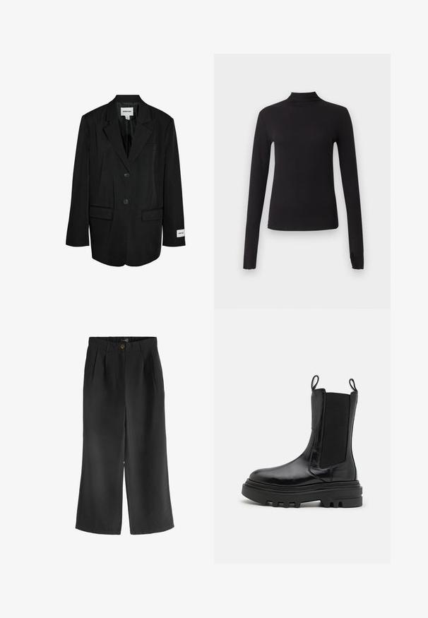 Sort skræddersyet blazer med to knapper, notch revers, klaplommer og en synlig "NOISY MAY"-label på den indvendige krave og venstre ærmekant.; Sort langærmet tætsiddende top med høj hals, vist på ensartet lysegrå baggrund.; Sorte vide bukser lavet af letvægtsstof, med knaplukning, folder foran og en glat tekstur.; Sorte ankelstøvler med en blank læderfinish, elastiske sidepaneler, trækflapper og en tyk, tekstureret gummisål. Kraftigt design, slank silhuet.