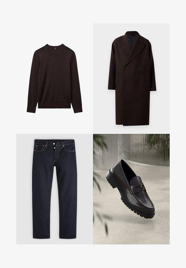Dobbeltbrystet mørkebrun uldfrakke med brede slag, lange ærmer, sidelommer og sorte knaplukninger.; Reiss REISS - Striktrøje - dark bordeaux; Mørkeblå straight-leg jeans med knaplukning, for- og baglommer samt kobbernitter på en lysegrå baggrund.; Brune læder loafers med en tekstureret, rippet gummisål. Har et slankt design og et dekorativt bånd over vristen.