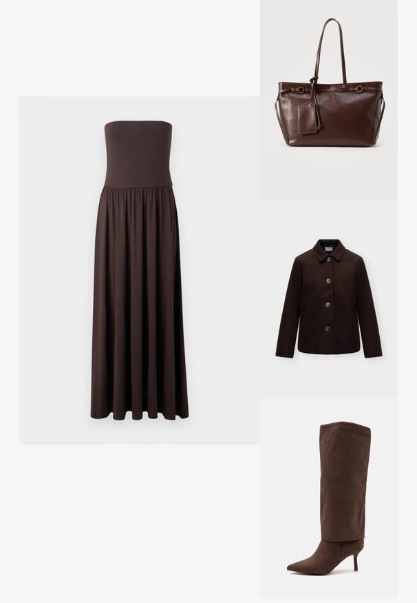 Dunkelbraune Wolljacke mit klassischem Kragen, vier großen Knöpfen vorne und Seitentaschen, auf weißem Hintergrund dargestellt.; Schnurloses braunes Maxikleid aus weichem Stoff, mit einem taillierten Oberteil und einem fließenden, gerafften Rock für Bewegungsfreiheit.; Hoher brauner Wildleder-Stiefel mit spitzer Zehe, schlankem mittelhohem Absatz und einem lässigen Schaft vor weißem Hintergrund.; Dunkelbraune Leder-Shopper-Tasche mit zwei langen Griffen, dekorativen goldenen Ringen und angebrachtem rechteckigem Reißverschluss-Etui.