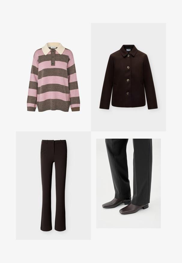 Mørkebrun uldjakke med klassisk krave, fire store knapper foran og sidelommer, vist på hvid baggrund.; Strikket pullover i lyserøde og brune striber med en cremet krave, der har tre knapper ved halsen samt ribkant ved ærmerne og kanten.; Sorte, tætsiddende bukser med let flare, frontlynlås og bæltestropper, vist fladt på en hvid baggrund.; Mørkebrune lædersko med firkantet tå og kort blokhæl, båret med sorte skræddersyede bukser, der viser et slankt og poleret udseende.
