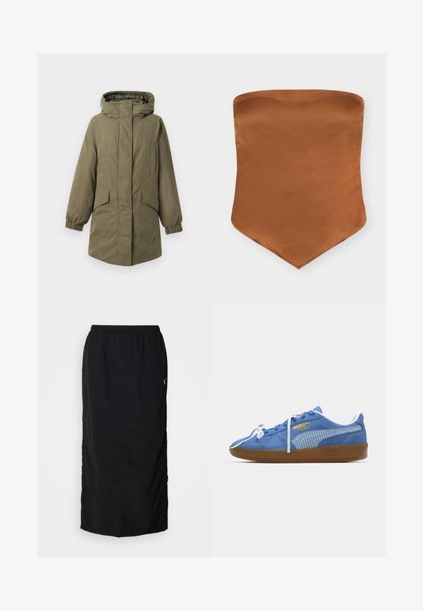Olivenfart parka med hætte, der har elastiske manchetter og sidelommer. Glat tekstur, lige snit og frontlynlås.; Brun satin stropløs top med spids kant og enkelt, glat design på hvid baggrund.; Sort atletisk nederdel med elastisk talje, der har sideskaller for nem bevægelse og minimal mærkning på højre side.; Blå ruskinds sneakers med hvide snørebånd og et ternet sidepanel. Har en brun gummisål og guldt logo-detaljer.