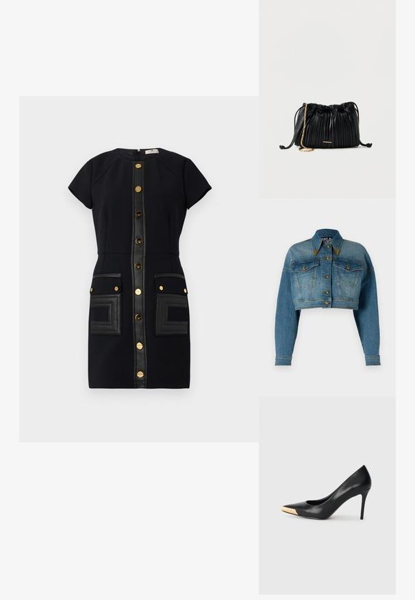 Versace Jeans Couture Teksajakk - indigo; Mustmust kostüüm lühikeste varrukatega, kuldsete nööpide ja nahast detailidega. Omab kahte paigaldatud taskut tekstuuriga detailidega.; Mustmust suured mõõgapead; pöidla kurgus on metallist kullatooni aktsent. Sile pind ja peen disain.; Mustast nahast volditud kotike, millel on kuldse kettidega õlarihm ja väike horisontaalne kuldne detail esiküljel.
