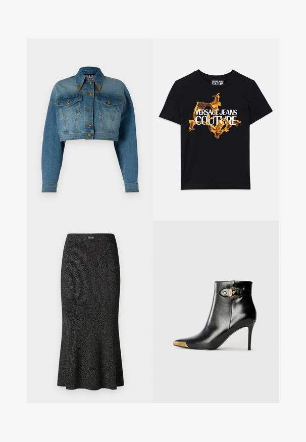 Versace Jeans Couture Teksajakk - indigo; Must musta T-särk, millel on valge tekst "VERSACE JEANS COUTURE" ja elegantne kuldne disain teksti ümber, lühikesed varrukad, ümar kaelus.; Musthave ribaldis midi seelik venivast kangast, hiljem laienev, peene sära ja elastne vöökoht, mille ülaosas on logo aktsent.; Mustast läikivast nahast pahkluu saabas, millel on terav nina, kontsasstiletokonts ja kuldse tooniga riistvara koos dekoratiivse pandla detailiga.