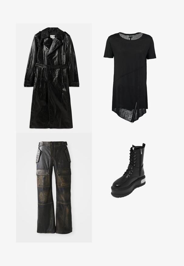Zwarte lange trenchcoat van glanzend materiaal, met een dubbelbrede sluiting, grote kraag, ceintuur in de taille en zijzakken.; Zwart T-shirt met korte mouwen en ronde hals, asymmetrische zoom, doorschijnende textuur en een zijrits detail. Zacht, lichtgewicht stof.; Zwarte leren cargobroeken met een versleten textuur, voorzien van grote zijzakken, een hoge taille en contrasterende stiksels over de naden.; Zwarte faux leren gevechtslaars met een chunky platform, voorzien van een vetersluiting, ritssluiting en een metallic accent op de hak.