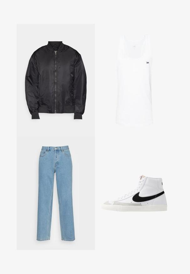 Schwarze Bomberjacke aus glattem, leichtem Stoff. Mit einem Frontreißverschluss, gerippten Bündchen und einem Stehkragen. Minimalistisches Design.; Weißes Baumwoll-Tanktops mit Rundhalsausschnitt, ärmellosem Design und kleinem navy-blauen "Lee"-Logo auf der linken Brustseite.; Helle blaue gerade geschnittene Jeans aus Denim mit einem klassischen Fünf-Taschen-Design, einem vorderen Knopfverschluss und sichtbaren Nähdetails.; Weiße High-Top-Sneaker mit einem schwarzen Swoosh, strukturiertem grauen Zehenkappeneinsatz und flacher weißer Sohle. Verfügt über sechs Ösen und genähte Akzente.