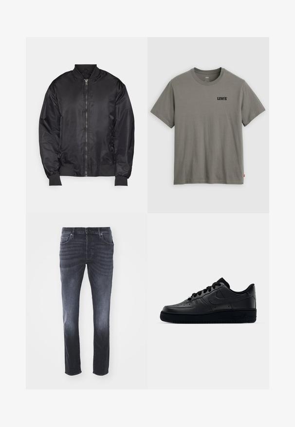 Must beež bomber-jakk, mis on valmistatud siledast ja kergest kangast. Omab esist zipperit, soonikkoe mansette ja püsti kraed. Minimalistlik disain.; Roheline Levi's lühikeste varrukatega ümar kaelusega T-särk, millel on vasakul rinnal must logo ja vasakul küljes väike punane silt.; Tumedad hallid denimid, klassikalise sirge jala disainiga, esikottide, lukuga ja nööbiga sulgemise ning mõõduka pleekimisega.; Mustad Nike Air Force 1 tossud musta sileda nahast, perforatsioonidega varvas hingavuse tagamiseks, mustad paelad ja tekstureeritud kummitald.
