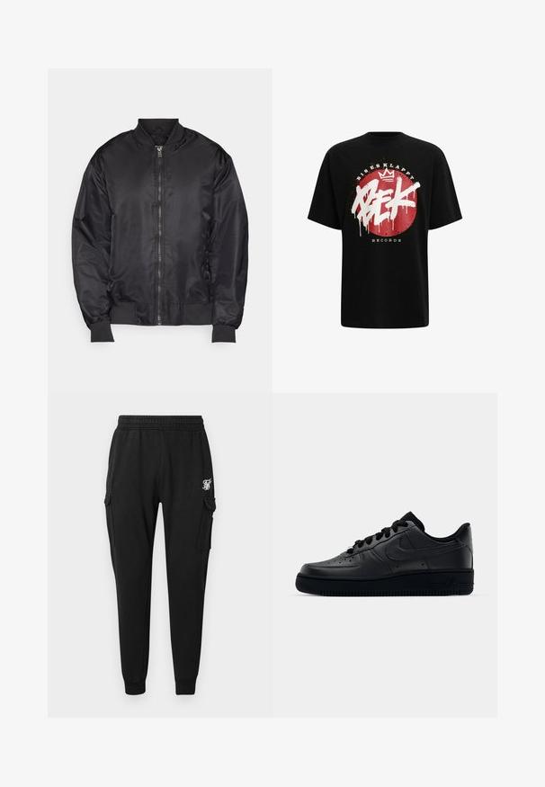 Sort bomberjakke lavet af glat, letvægtsstof. Har en frontlynlås, ribbede manchetter og en opretstående krave. Minimalistisk design.; Sort bomulds t-shirt med et rødt cirkulært grafik og hvid tekst i graffiti-stil samt en krone design, mærket "Bisesklappt Records."; Sorte cargobukser lavet af blødt stof med elastisk talje, sidelommer og et diskret logo på låret. Lige skåret design.; Sort Nike Air Force 1 sneaker med en glat læderoverdel, perforeret tå for åndbarhed, sorte snørebånd og en textured gummisål.