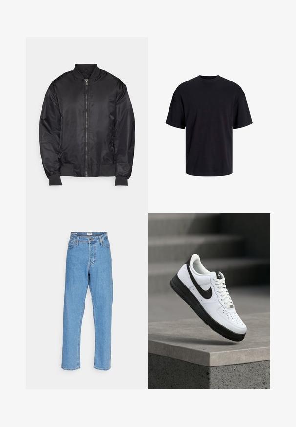 Sort bomberjakke lavet af glat, letvægtsstof. Har en frontlynlås, ribbede manchetter og en opretstående krave. Minimalistisk design.; Sort bomulds t-shirt med rund hals, korte ærmer og en afslappet pasform. Glat tekstur uden synlige mønstre eller accenter.; Lyseblå højtaljede lige ben jeans med knap foran, lynlåslukning, bæltestropper og fem-lomme design på hvid baggrund.; Hvid lædersneaker med sorte detaljer, rundet tå og perforerede detaljer. Sort gummisål med tekstureret mønster og snørelukning.