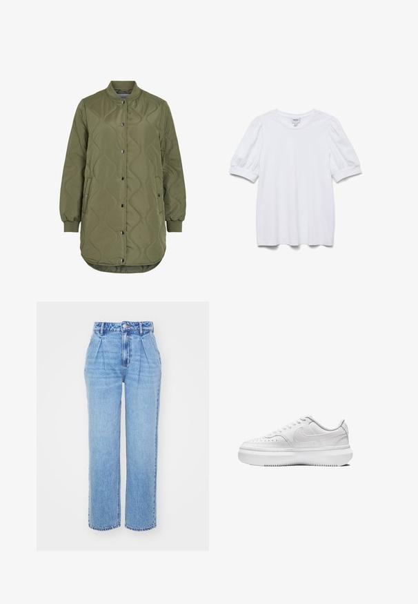 Chaqueta bomber acolchada color verde oliva con patrón de ondas acolchado, cierre de botones a presión, bolsillos laterales y puños y dobladillo ribeteados.; Top blanco de manga corta con cuello redondo y mangas abullonadas. Hecho de una tela suave, presenta una etiqueta con la frase "AWARE".; Pantalones vaqueros de mezclilla azul claro con cintura alta, corte de pierna ancha y pliegues en el frente. Presentan costuras típicas y un cierre de botón en la cintura.; Zapatillas blancas con parte superior de cuero liso, puntera redonda, detalles perforados y suela de goma blanca gruesa. Presenta el logotipo en el lateral y cordones planos.