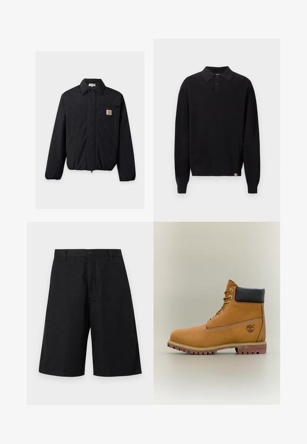 Veste noire Carhartt avec col pointu, fermeture éclair frontale, deux poches latérales et une petite poche poitrine avec écusson logo.; Pull polo noir à manches longues en maille, avec col boutonné et poignets et ourlet côtelés, présenté sur un fond clair uni.; Shorts noirs longueur genou avec passants de ceinture, fermeture par bouton et devant uni sur un fond neutre.; Bottine en cuir marron avec col noir, lacets jaunes et semelle beige. Présente un logo et des détails de couture blanche. Semelle extérieure à traction robuste.