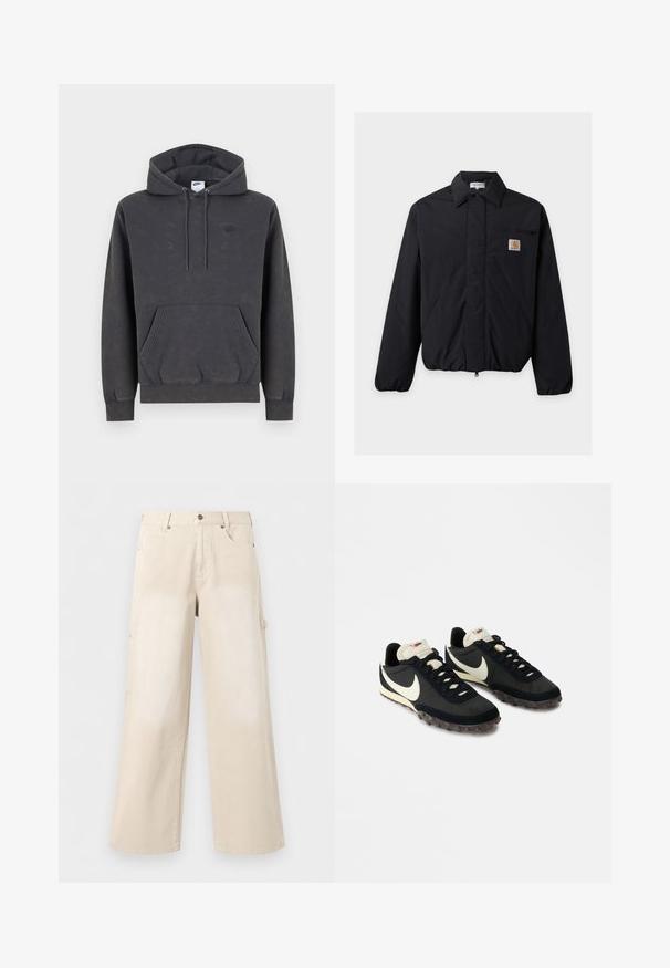 Μαύρο μπουφάν Carhartt με μυτερό γιακά, εμπρόσθιο φερμουάρ, δύο πλαϊνές τσέπες και μία μικρή τσέπη στο στήθος με λογότυπο.; Σκούρα γκρι φούτερ Nike με κουκούλα και τσέπη καγκουρό μπροστά, ρυθμιζόμενη κουκούλα με κορδόνι, μανσέτες με ρίγες και διακριτικό κεντητό λογότυπο στο αριστερό στήθος.; Μπεζ παντελόνια με φαρδιά μπατζάκια, εμπρόσθιες τσέπες, κλείσιμο με κουμπί και θηλιές για ζώνη, απεικονίζονται σε απλό λευκό φόντο.; Μαύρα αθλητικά παπούτσια με υφή στο επάνω μέρος, λευκό λογότυπο swoosh και καουτσούκ σόλα με μικρά καρφιά για πρόσφυση. Κρέμα χρώματος κολάρο.