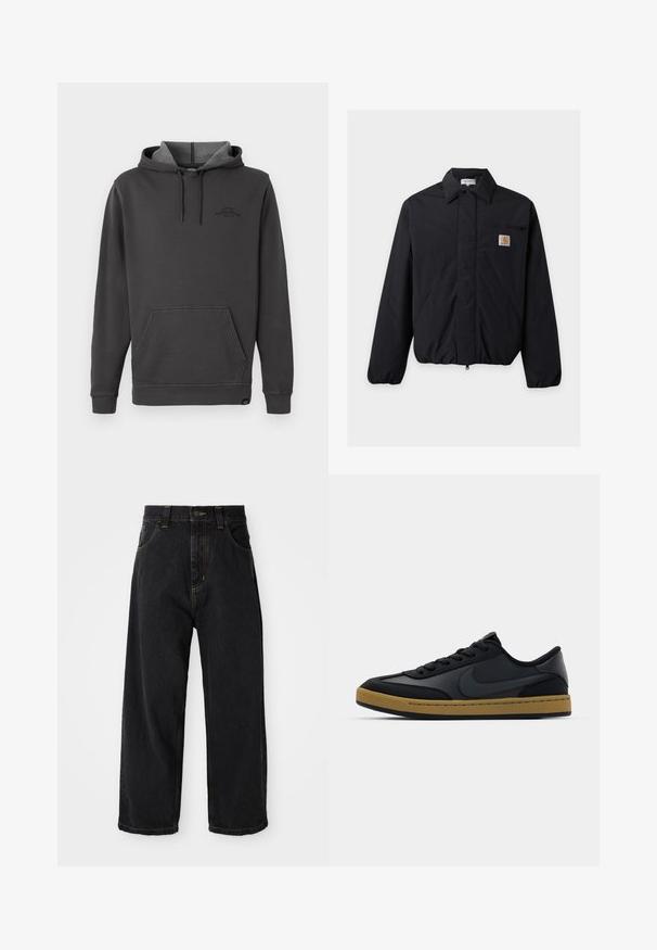 Čierna bunda Carhartt so špicatým golierom, predným zipsom, dvoma bočnými vreckami a malým náprsným vreckom s logom.; Tmavošedá mikina s kapucňou a fleecovou podšívkou, predné klokanie vrecko, rebrované manžety a lem, a jemné logo na hrudi.; Čierne denimové nohavice s širokými nohavicami a vysokým pásom, predným gombíkom, zipsom a žltým prešívaním na vreckách a švoch.; Čierne kožené tenisky s nízkym strihom, s šnurovaním, gumovou podrážkou a akcentmi v farbe gumy. Obsahujú bočné logo a texturované materiály.
