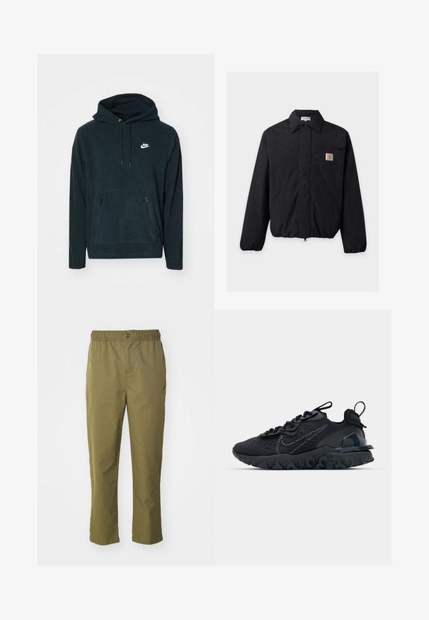 Schwarze Carhartt-Jacke mit spitzem Kragen, Frontreißverschluss, zwei Seitentaschen und einer kleinen Brusttasche mit Logo-Aufnäher.; Schwarzer Fleece-Hoodie mit einer vorderen Kängurutasche und zwei seitlichen Reißverschlusstaschen. Enthält eine Kapuze mit Kordelzug und ein weißes Nike-Logo.; Olivegrüne Hose mit elastischem Bund, Knopfverschluss und lockerer Passform. Hergestellt aus leichtem Material und ausgestattet mit seitlichen Taschen.; Schwarzer Sportschuh mit atmungsaktivem Mesh-Obermaterial, strukturierten Akzenten und einer wellenförmigen Gummisohle. Verfügt über ein reflektierendes Logo und ein Schnürsystem.