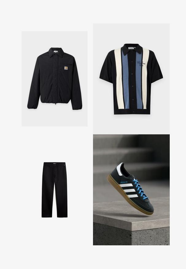 Veste noire Carhartt avec col pointu, fermeture éclair frontale, deux poches latérales et une petite poche poitrine avec écusson logo.; Chemise noire à manches courtes avec boutons, rayures verticales crème et bleues, et broderie "Carhartt WIP" sur la poitrine gauche.; Pantalons en coton noirs avec une coupe droite, fermeture éclair et poches avant. Texture lisse, sans motifs visibles et matériel minimal.; Baskets Adidas noires avec des rayures blanches, des lacets bleus et une semelle en gomme flottant au-dessus d'une marche en béton grise sous une lumière douce.