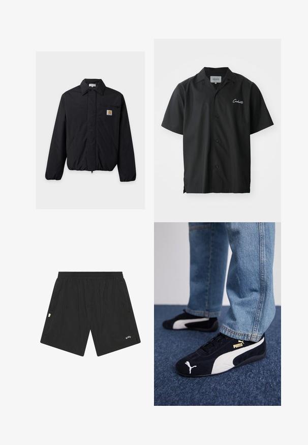 Μαύρο μπουφάν Carhartt με μυτερό γιακά, εμπρόσθιο φερμουάρ, δύο πλαϊνές τσέπες και μία μικρή τσέπη στο στήθος με λογότυπο.; Μαύρο κοντομάνικο πουκάμισο με κουμπιά και κολάρο camp, με λευκό κεντημένο λογότυπο στο στήθος και χαλαρή εφαρμογή.; Μαύρες αθλητικές βερμούδες από ελαφρύ ύφασμα, με ελαστική μέση, πλευρικές τσέπες και μικρό λογότυπο στο κάτω μπροστινό μέρος.; Μαύρα σουέτ αθλητικά παπούτσια με λευκές λεπτομέρειες, featuring χρυσό λογότυπο. Φορεμένα με ανοιχτό μπλε τζιν παντελόνι και τοποθετημένα σε μια υφή μπλε επιφάνειας.
