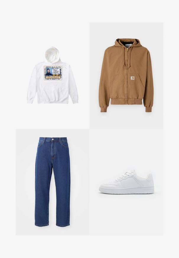 Haut à capuche zippé marron en coton, avec une poche frontale, des cordons réglables et un patch logo carré sur la poche gauche.; Sweat-shirt à capuche blanche avec un grand design d'une carte d'identité imprimée en bleu, jaune et noir, doté d'une poche avant et d'un cordon de serrage.; Jeans en denim taille haute de couleur bleue, avec une coupe droite, des coutures visibles et une fermeture à bouton à l'avant.; Baskets blanches en matière synthétique lisse, avec des lacets plats, une pointe perforée et une semelle en caoutchouc dotée d'un motif de grip texturé.