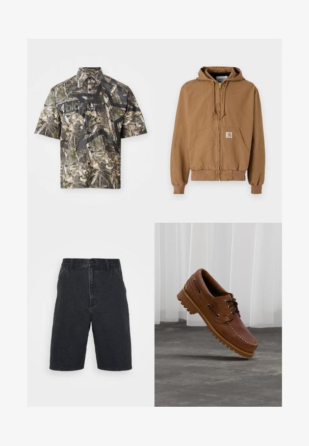 Brun zip-up hættejakke lavet af bomuld, med en lomme foran, justerbare snore og et firkantet logo-patch på den venstre lomme.; Kortærmet skjorte med knaplukning i camouflage mønster, prydet med et stort sort stjernegrafik og tekst på forsiden, samt klassisk krave og knaplukning.; Sorte denimshorts med lige snit, midt-rise talje, knaplukning foran og synlige sømdetaljer.; Brun læder bådsko med sorte snørebånd, beige syninger og en robust sål, hængende over en grå betongulv.
