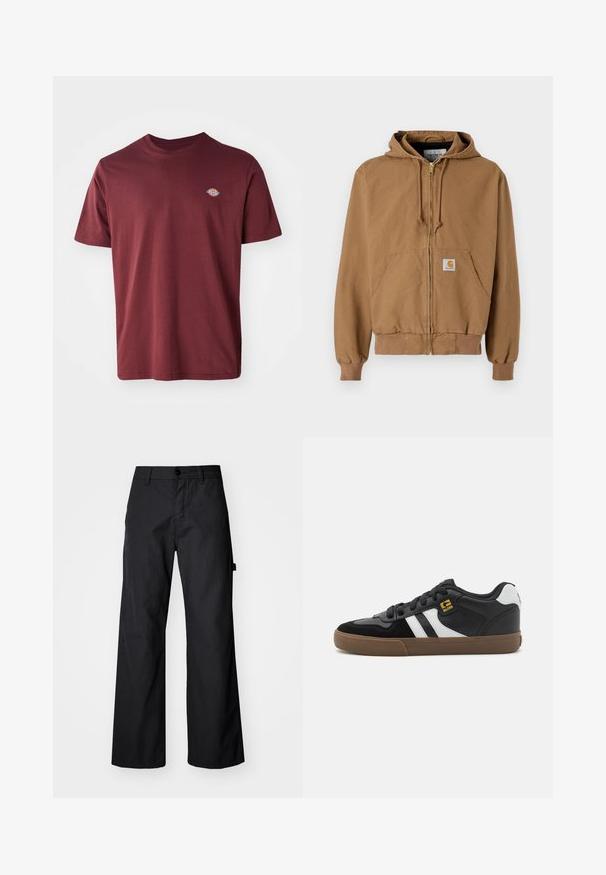 Haut à capuche zippé marron en coton, avec une poche frontale, des cordons réglables et un patch logo carré sur la poche gauche.; T-shirt en coton bordeaux avec un col rond, des manches courtes et un petit logo circulaire de la marque brodé sur la poitrine gauche.; Pantalons larges noirs en tissu durable. Fermeture à bouton et poches latérales. Texture lisse avec un design épuré.; Baskets noir et blanc avec une tige en daim et en cuir, présentant des rayures blanches, des lacets noirs et une semelle en caoutchouc marron. Accents de logo dorés.