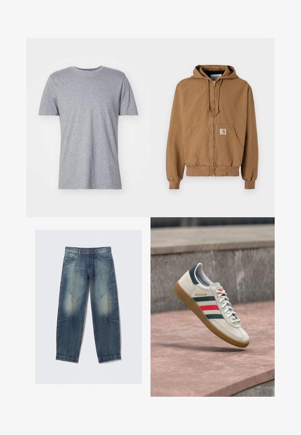 Brun zip-up hættejakke lavet af bomuld, med en lomme foran, justerbare snore og et firkantet logo-patch på den venstre lomme.; Grå, kortærmet t-shirt lavet af en bomuldsblanding, der har en klassisk crew neckline og en glat, blød tekstur.; Lyseblå denimjeans med løs pasform, med falmede pletter, frontlommer og diagonale sømdetaljer. Design med lige ben.; Hvid Adidas sneaker med grønne og røde striber, gummisål og "SPEZIAL" branding, der svæver over stensat belægning.