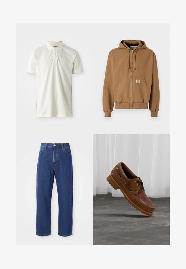 Haut à capuche zippé marron en coton, avec une poche frontale, des cordons réglables et un patch logo carré sur la poche gauche.; Polo-shirt beige clair en tissu doux, avec un col, un patte de boutonnage à trois boutons et un broderie de logo discrète sur la poitrine.; Jeans en denim taille haute de couleur bleue, avec une coupe droite, des coutures visibles et une fermeture à bouton à l'avant.; Chaussure de bateau en cuir marron avec des lacets noirs, des coutures beiges et une semelle robuste, suspendue au-dessus d'un sol en béton gris.