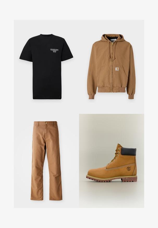 Bruine ritshoodie van katoen, voorzien van een voorzak, verstelbare koordjes en een vierkante logopatch op de linkerzak.; Zwarte katoenen t-shirt met korte mouwen en een ronde hals, met een witte bedrukte logo op de linkerborst. Gladde textuur, normale pasvorm.; Bruine rechte broek met riemlussen, voorkant zakken, knoopsluiting en rits op een witte achtergrond.; Bruine leren enkellaars met zwarte kraag, gele veters en een zandkleurige zool. Voorzien van een logo en witte stikseldetails. Robuuste loopzool met grip.