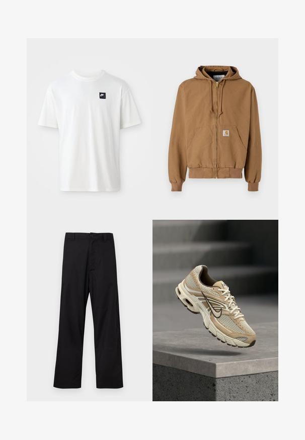 Brauner Zip-Hoodie aus Baumwolle, mit einer Fronttasche, verstellbaren Kordeln und einem quadratischen Logopatch auf der linken Tasche.; Weißes Baumwoll-T-Shirt mit kurzen Ärmeln und Rundhalsausschnitt; zeigt ein kleines schwarzes rechteckiges Nike Air-Logo auf der linken Brust.; Schwarze gerade geschnittene Hosen mit Knopf- und Reißverschluss, Gürtelschlaufen, flach auf hellem Hintergrund präsentiert.; Beiger und weißer Nike Laufschuh mit Mesh-Paneelen und schwarzem Swoosh, schwebt über einem Betonsims mit unscharfen Treppen im Hintergrund.