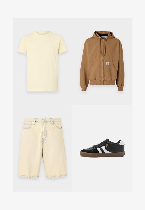 Haut à capuche zippé marron en coton, avec une poche frontale, des cordons réglables et un patch logo carré sur la poche gauche.; T-shirt en coton jaune clair à manches courtes et col rond ; présente un petit logo blanc sur le haut à gauche de la poitrine.; Shorts en denim beige avec fermeture avant à bouton et zip, passants pour ceinture, et deux poches avant, présentés à plat sur un fond blanc.; Baskets noir et blanc avec une tige en daim et en cuir, présentant des rayures blanches, des lacets noirs et une semelle en caoutchouc marron. Accents de logo dorés.