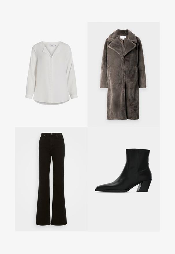 Abrigo de piel sintética gris con cuello de chal, mangas largas y abertura frontal. Presenta una textura suave y peluda, y dos bolsillos laterales.; Blusa blanca de manga larga hecha de tela suave, con un collar con muesca, una tapeta frontal y un dobladillo curvado.; Vaqueros acampanados de tiro alto en negro, hechos de mezclilla, con cierre de botón, bolsillos laterales y una textura suave.; Bota de tobillo de cuero negro con punta afilada, una silueta elegante y un tacón cuadrado grueso. Textura suave con detalles de costura mínimos.
