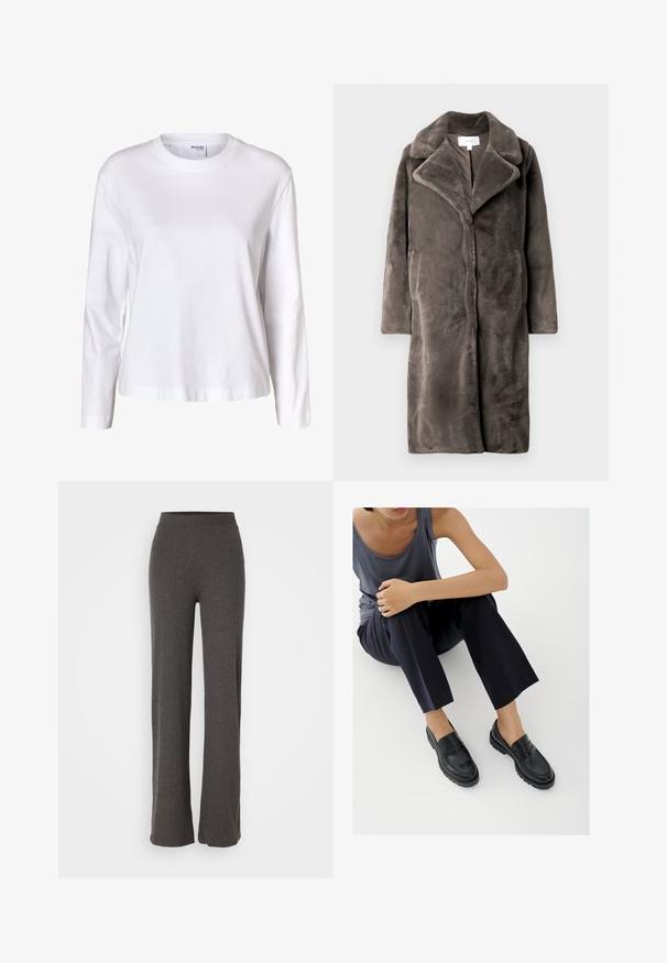 Abrigo de piel sintética gris con cuello de chal, mangas largas y abertura frontal. Presenta una textura suave y peluda, y dos bolsillos laterales.; Camisa blanca lisa de mujer con mangas largas, cuello redondo, bajo recto y sin patrones ni logos visibles.; Pantalones de punto acanalado gris con pierna ancha y una cinturilla elástica. La tela tiene una apariencia texturizada, ofreciendo un ajuste relajado.; Mocasines de cuero negro con detalles texturizados, tacón bajo, puntera redonda y costuras visibles. Modelo vistiendo pantalones oscuros y una blusa gris.