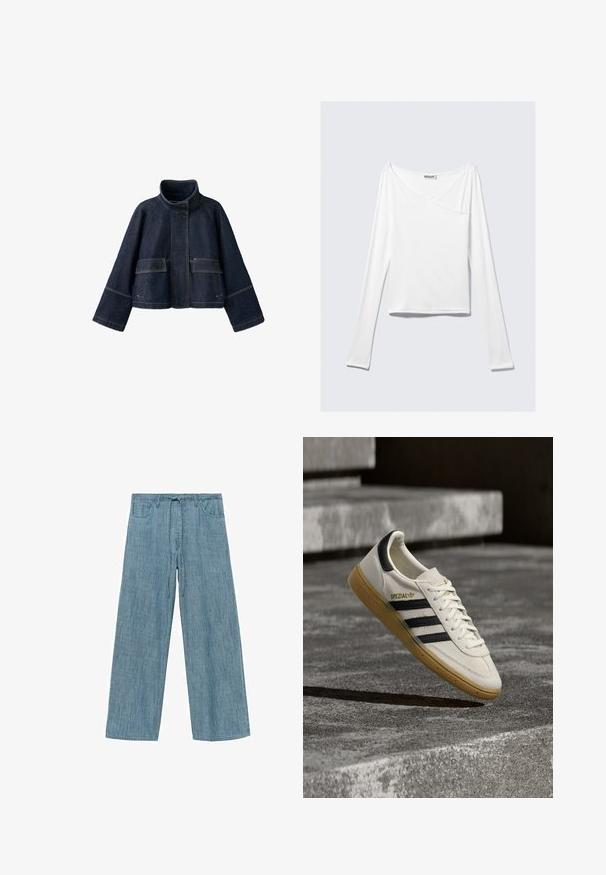 Chaqueta vaquera azul oscuro con cuello alto, bolsillos delanteros con solapa, mangas anchas y costuras visibles sobre fondo blanco.; Top blanco de manga larga con diseño cruzado y un bolsillo. Fabricado en una tela suave y elástica. Con un corte casual y relajado.; Pantalones de pierna ancha a rayas azul claro con cintura elástica y cordón, que cuentan con dos bolsillos frontales y una tela suave y texturizada.; Zapatilla blanca Adidas Spezial con rayas negras y suela de goma flotando sobre escalones de piedra grises al aire libre.