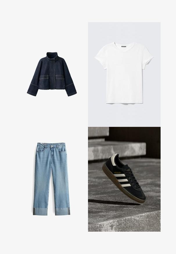 Donkerblauwe spijkerjas met hoge kraag, klepzakken aan de voorkant, brede mouwen en zichtbare stiksels op een witte achtergrond.; Effen wit T-shirt met korte mouwen en V-hals, met een klein "WEEKDAY" label aan de binnenkant van de kraag, getoond op een lichtgrijze achtergrond.; Lichtblauwe spijkerbroek met een rechtotige snit, voorzien van een knoopsluiting, vijf zakken en wijde omgeslagen benen.; Zwarte Adidas sneaker met witte strepen en gumzool die boven grijze betonnen trappen zweeft in natuurlijk licht.