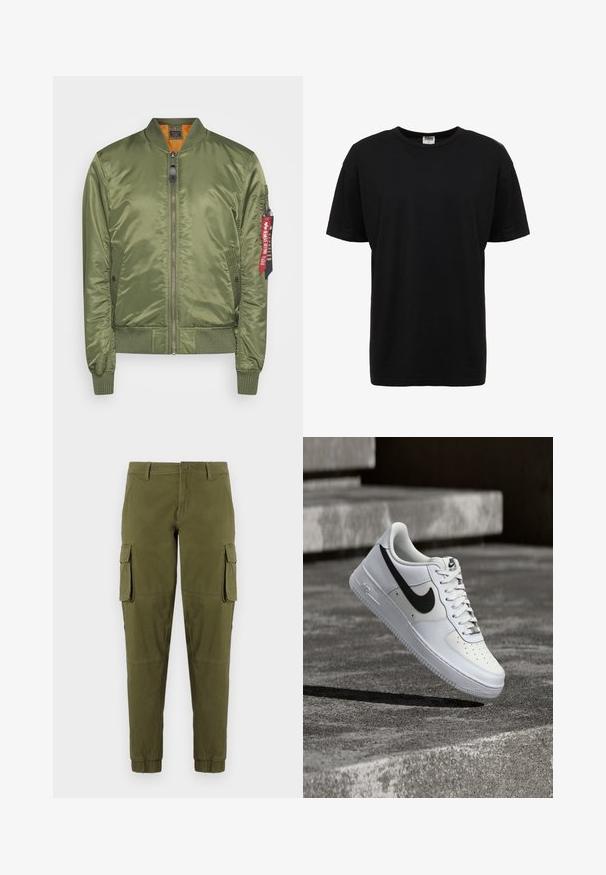 Veste bomber vert olive avec une finition satinée, manches et ourlet côtelés, fermeture éclair, poches latérales et une étiquette en tissu rouge sur la manche.; T-shirt en coton noir à col rond avec des manches courtes, coupe standard, texture lisse, et sans motifs ni accents visibles.; Pantalons cargo vert olive avec poignets élastiques, dotés de deux poches cargo latérales, d'une fermeture à bouton à l'avant et d'un tissu lisse et léger.; Baskets blanches Nike Air Force 1 avec le swoosh noir, lacets attachés, en suspension dans les airs au-dessus d'une surface en béton texturé en extérieur.