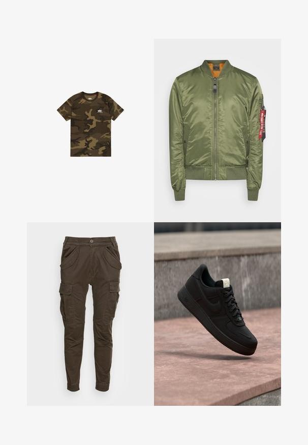 Veste bomber vert olive avec une finition satinée, manches et ourlet côtelés, fermeture éclair, poches latérales et une étiquette en tissu rouge sur la manche.; T-shirt camouflage en vert olive, marron et noir, à manches courtes, col rond, avec un petit logo blanc sur la poitrine. Matière en coton doux.; Pantalons cargo marron avec une coupe décontractée. Caractéristiques : taille élastique, poches latérales et jambes effilées avec manchons élastiques. Fabriqués dans un tissu durable.; Baskets Nike Air Force 1 noires flottant au-dessus d’un rebord en béton rose avec un fond en pierre grise, montrant des détails latéraux et supérieurs.