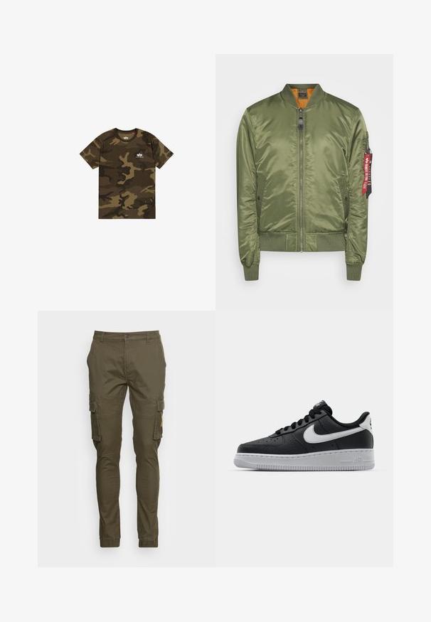 Olijfgroene bomberjack met een satijnen afwerking, ribgebreide manchetten en zoom, ritsluiting, zijzakken en een rode stoffen label op de mouw.; Camo t-shirt in olijfgroen, bruin en zwart, met korte mouwen, ronde halslijn, voorzien van een klein wit logo op de borst. Zacht katoenen materiaal.; Olijfgroene cargobroek van katoen, met zijzakken, een slim fit en omgeslagen broekspijpen. Rechte voorkant met een knoopsluiting.; Zwarte lederen sneaker met een textuur oppervlak, witte Nike swoosh, grijze zool, ronde neus en vetersluiting. Bevat perforaties op de neus.
