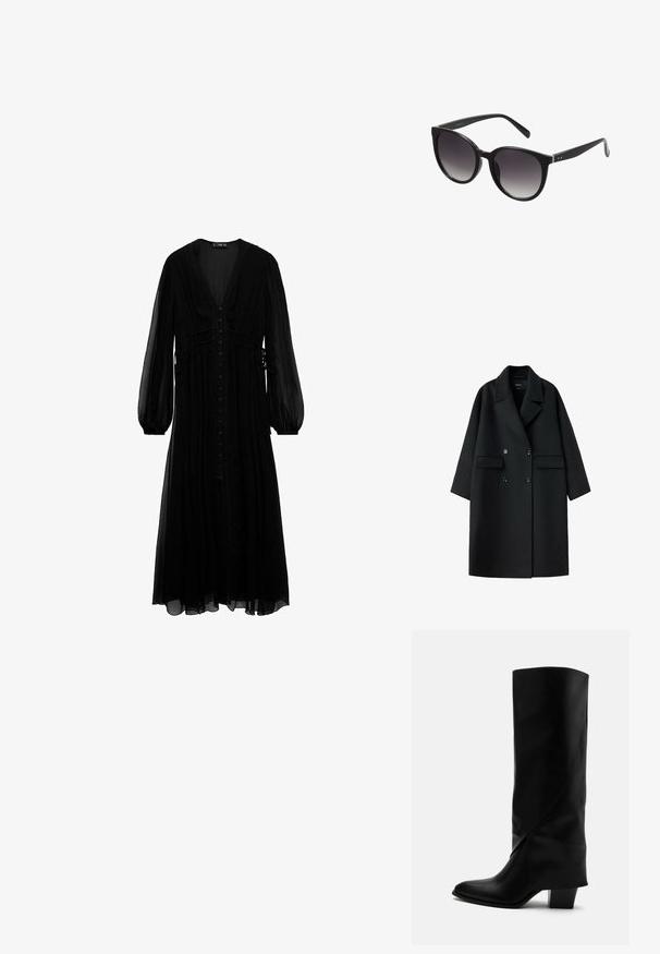 Abrigo negro de lana cruzado con solapas anchas, dos bolsillos delanteros con solapa y mangas largas, mostrado extendido sobre un fondo blanco.; Vestido maxi negro de tela transparente, con mangas largas, escote en V profundo, botones en la parte delantera y detalles recogidos en la cintura.; Bota alta de cuero negro con costuras anguladas, puntera puntiaguda y tacón grueso de altura media sobre fondo blanco.; Gafas de sol tipo gato negro con lentes degradados, marco de plástico, textura suave y detalles en plata en las patas.