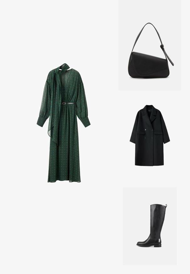 Abrigo negro de lana cruzado con solapas anchas, dos bolsillos delanteros con solapa y mangas largas, mostrado extendido sobre un fondo blanco.; Largo vestido verde con un estampado floral, que presenta un lazo en el cuello, mangas voluminosas y un cinturón que acentúa la cintura. Hecho de tela ligera.; Botas de cuero negras hasta la rodilla con un acabado suave, punta redondeada, tacón bajo y una lengüeta en la parte posterior. Diseño minimalista sin patrones visibles.; Bolso de mano de cuero negro con forma triangular, tapa en ángulo y un asa superior redondeada. Presenta una textura suave y detalles de diseño minimalistas.