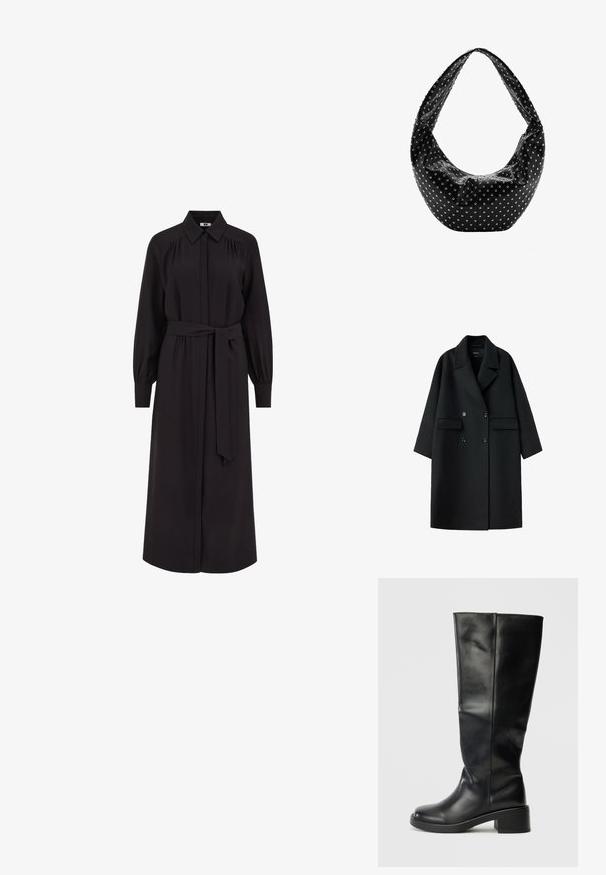 Abrigo negro de lana cruzado con solapas anchas, dos bolsillos delanteros con solapa y mangas largas, mostrado extendido sobre un fondo blanco.; Largo vestido negro con cuello camisero, cierre delantero con botones, mangas largas abullonadas y cinturón atado en la cintura. Fabricado en una tela suave.; Botas negras hasta la rodilla, hechas de cuero suave, con punta redonda y tacón grueso, con un diseño sencillo y sin herrajes visibles.; Bolso de mano de cuero negro con una forma holgada, adornado con tachuelas plateadas y una correa ancha para el hombro. Textura suave con un diseño fruncido.