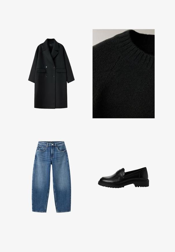 Abrigo negro de lana cruzado con solapas anchas, dos bolsillos delanteros con solapa y mangas largas, mostrado extendido sobre un fondo blanco.; Primer plano de un jersey negro de punto que muestra el cuello acanalado y la tela suave y texturizada.; Vaqueros azules de corte recto con botón y cremallera delanteros, trabillas para el cinturón y cinco bolsillos, mostrados planos sobre un fondo blanco.; Mocasines de cuero negro con punta redondeada, tira decorativa en la parte superior y suela gruesa de goma texturizada. Acabado suave con detalles de costura sutiles.