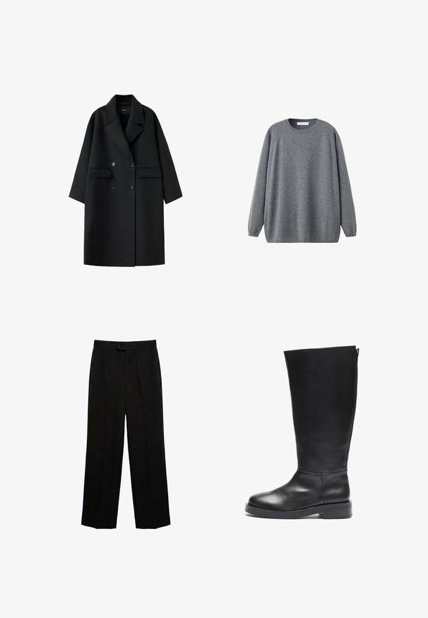 Manteau en laine noir à double boutonnage avec larges revers, deux poches avant à rabat et manches longues, présenté à plat sur fond blanc.; Pull en tricot gris à manches longues avec col rond et poignets et ourlet côtelés, présenté sur fond blanc.; Pantalon noir à jambes droites avec fermeture par bouton et zip, à taille haute avec plis devant.; Botte noire en cuir, montante jusqu'au genou, avec un bout arrondi, une finition lisse, un talon carré et une fermeture éclair à l'arrière pour un enfilage facile.
