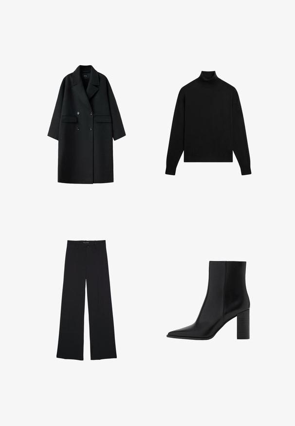 Manteau en laine noir à double boutonnage avec larges revers, deux poches avant à rabat et manches longues, présenté à plat sur fond blanc.; Pull noir à manches longues avec col roulé ajusté et poignets côtelés sur fond blanc.; Pantalon noir à jambes larges avec passants de ceinture, bouton frontal et fermeture éclair, étalé à plat sur un fond blanc.; Botte chelsea en cuir noir avec un bout pointu, un talon carré, une texture lisse et des détails de couture le long des coutures. Les talons mesurent environ 8,9 cm.