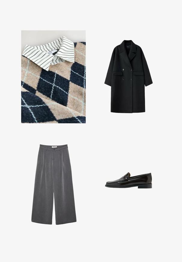 Manteau en laine noir à double boutonnage avec larges revers, deux poches avant à rabat et manches longues, présenté à plat sur fond blanc.; Pull en tricot avec un motif argyle beige et marine, accompagné d'une chemise coll classique à rayures blanches en dessous et d'un matériau texturé et doux.; Pantalon gris à jambes larges avec plis, confectionné dans un tissu doux. Dispose d'une fermeture à boutons et d'une taille cintrée.; Mocassin penny en cuir noir avec talon bas et détails cousus, présenté de côté sur un fond blanc.