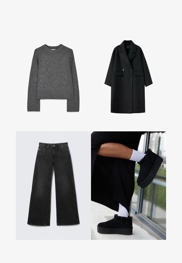 Abrigo negro de lana cruzado con solapas anchas, dos bolsillos delanteros con solapa y mangas largas, mostrado extendido sobre un fondo blanco.; Suéter gris de punto con mangas largas, cuello redondo, puños y dobladillo acanalados. Textura suave con un diseño ligeramente corto.; Vaqueros negros de pierna ancha con cinco bolsillos y cierre de botón, mostrados planos sobre un fondo claro.; Botas negras de ante hasta el tobillo con suela plana, con una asa en la parte posterior, luciendo calcetines blancos hasta el tobillo en un fondo minimalista.