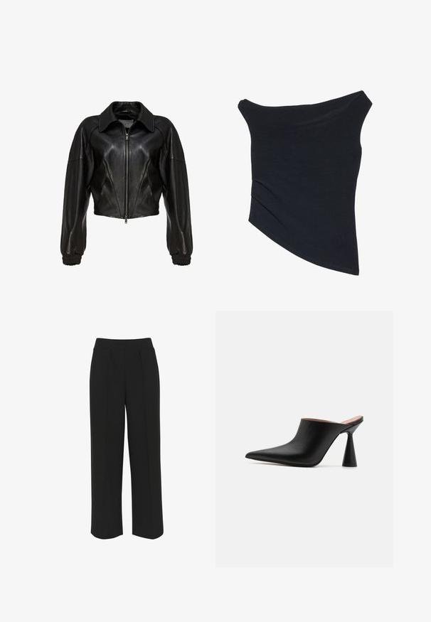 Schwarze, kurz geschnittene Lederjacke mit Kragen, vorderseitigem Reißverschluss und elastischen Bündchen. Verfügt über strukturierte Schultern und eine strukturierte Oberfläche am Körper.; Schwarzes, schulterfreies Oberteil mit einer figurschmeichelnden Passform, asymmetrischem Saum und weicher, glatter Textur. Es verfügt über gerafften Stoff am Ausschnitt.; Schwarze weite Hose mit flachem Bund, ausgestattet mit vorderen Falten und einer glatten Textur. Keine sichtbaren Taschen oder Beschläge.; Schwarze Leder-Mules mit spitzem Zehenbereich und einzigartigem kegelförmigem Absatz. Glatte Textur und minimalistisches Design, offener Rücken für einfaches Anziehen.