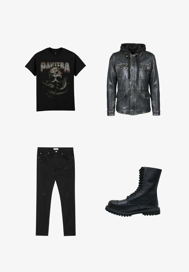 Freaky Nation COOL WAY - Chaqueta de cuero - used black; Camiseta negra de algodón con un gráfico desgastado de un cráneo y una serpiente, con la palabra "PANTERA" en letras grandes y envejecidas.; Jeans slim fit negros con parches desgastados sutiles, botón de metal, bolsillos delanteros y una etiqueta de Pier One en la cinturilla.; Botín de cuero negro con cordones, punta redonda, caña alta, suela de goma gruesa y superficie texturizada. Presenta costuras reforzadas a lo largo de las uniones.