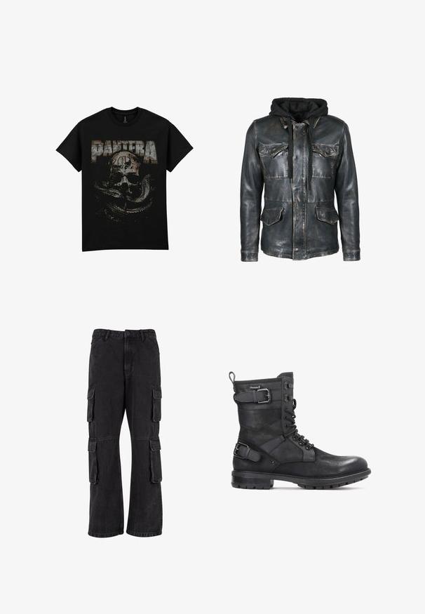 Freaky Nation COOL WAY - Lederjacke - used black; Schwarzes Baumwoll-T-Shirt mit einem vintage Grafikdesign von einem Schädel und einer Schlange, versehen mit dem Wort "PANTERA" in großen, abgenutzten Buchstaben.; Schwarze Cargo-Hosen aus Denim, mit lockerer Passform, mehreren Seitentaschen und genähten Details. Die Textur ist leicht verblasst.; Kazar HEARD - Cowboy-/Bikerstiefelette - black