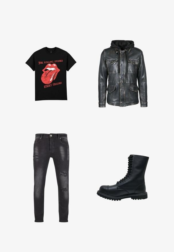 Freaky Nation COOL WAY - Chaqueta de cuero - used black; Camiseta de algodón negra con un gráfico del logo de los Rolling Stones en rojo y blanco, con el diseño de la lengua y el texto "Sticky Fingers" debajo.; Jeans de denim negro con un ajuste slim, que presentan detalles desgastados y parches deshilachados, un ligero desvanecimiento y cierre estándar de botón y cremallera.; Botín de cuero negro con cordones, punta redonda, caña alta, suela de goma gruesa y superficie texturizada. Presenta costuras reforzadas a lo largo de las uniones.
