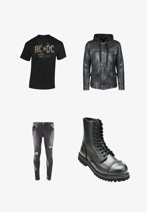 Freaky Nation COOL WAY - Leren jas - used black; Zwarte katoenen t-shirt met een grafische print van "AC/DC" en "Rock or Bust" in vervaagde, gestileerde letters met spetteraccenten.; Zwarte versleten skinny jeans met rafelige knieën en een zilveren kettingdetail op de voorkant van de zak. Verbleekte wassing met een soepele textuur.; Zwarte leren combatboot met hoge enkel, ronde neus, vetersluiting aan de voorkant, en robuuste rubberen zool met diepe profiel voor grip.