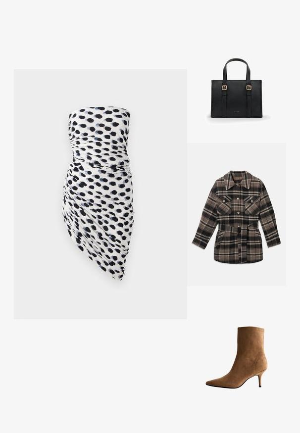 Veste en flanelle à carreaux dans des tons de marron, noir et beige. Elle possède un col, deux poches poitrine, une taille ceinturée et des boutons-pression.; Robe sans bretelles avec une base blanche ornée de motifs à pois noirs et bleus marine, un design froncé et un ourlet asymétrique pour une silhouette ajustée.; Bottine en daim marron à bout pointu et talon haut fin. Possède un design sans couture et des coutures discrètes le long du bord supérieur.; Sac à main rectangulaire noir avec deux poignées supérieures, deux sangles verticales à l'avant avec boucles dorées, et petit nom de la marque doré "MIRIADE" centré.