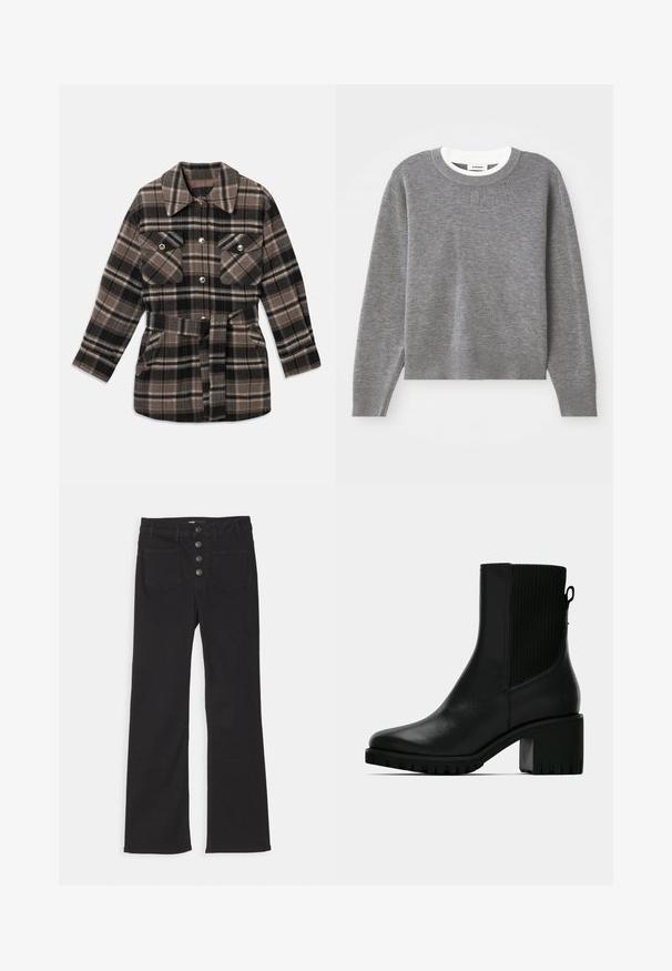 Geruite shirtjas in tinten van bruin, zwart en beige. Heeft een kraag, twee borstzakken, een taille met riem en drukknoopsluitingen.; Grijze trui met lange mouwen, ronde halslijn en geribbelde manchetten en zoom. Heeft een gestructureerde stof en een klein logo op de borst.; Zwarte denim flared jeans met een hoge taille, vijf zakken en een sluiting met een voorkant met vier metalen knopen.; Zwarte leren enkellaars met geribbelde elastische zijpaneel, blokhak en gestructureerde zool voor grip. Gladde afwerking met minimale hardware.