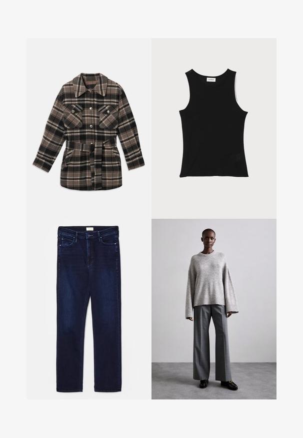 Geruite shirtjas in tinten van bruin, zwart en beige. Heeft een kraag, twee borstzakken, een taille met riem en drukknoopsluitingen.; Zwarte geribbelde tanktop met een ronde halslijn en brede schouderbanden, met een subtiele textuurafwerking en een klein gaasdetail aan de zoom.; Donkerblauwe spijkerbroek met slim fit, vijf zakken, stikselaccenten en rechte pijpen. Voorzien van een knoop- en ritssluiting.; Grijze gebreide trui met brede mouwen en geribbelde onderrand, gecombineerd met hoge grijze broeken met een subtiel ruitenpatroon en zwarte loafers.